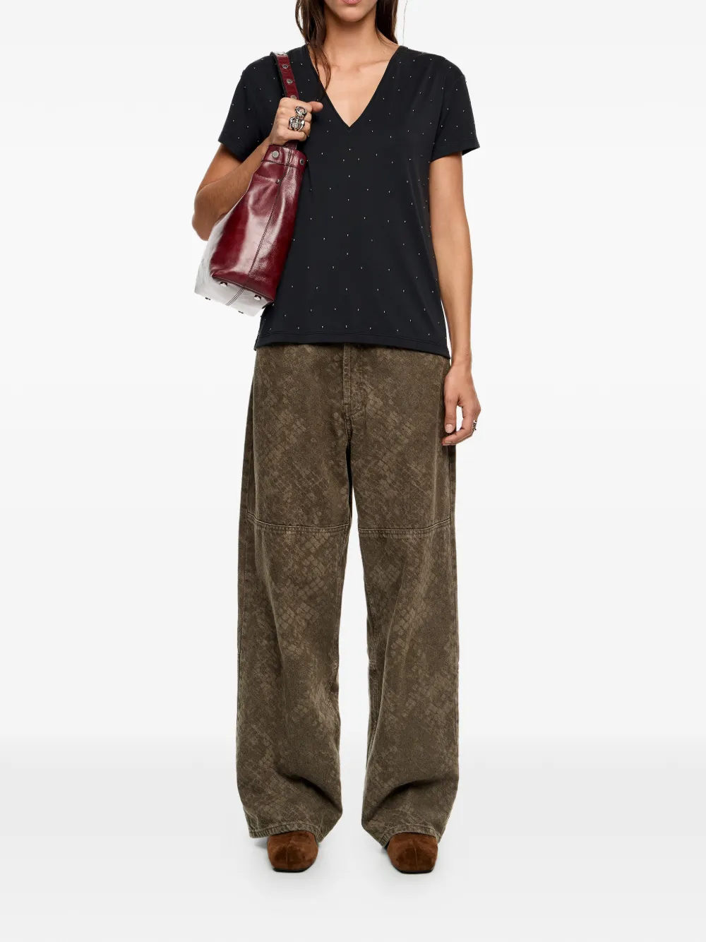 Bimba Y Lola V-neck Rhinestones T-shirt In Black