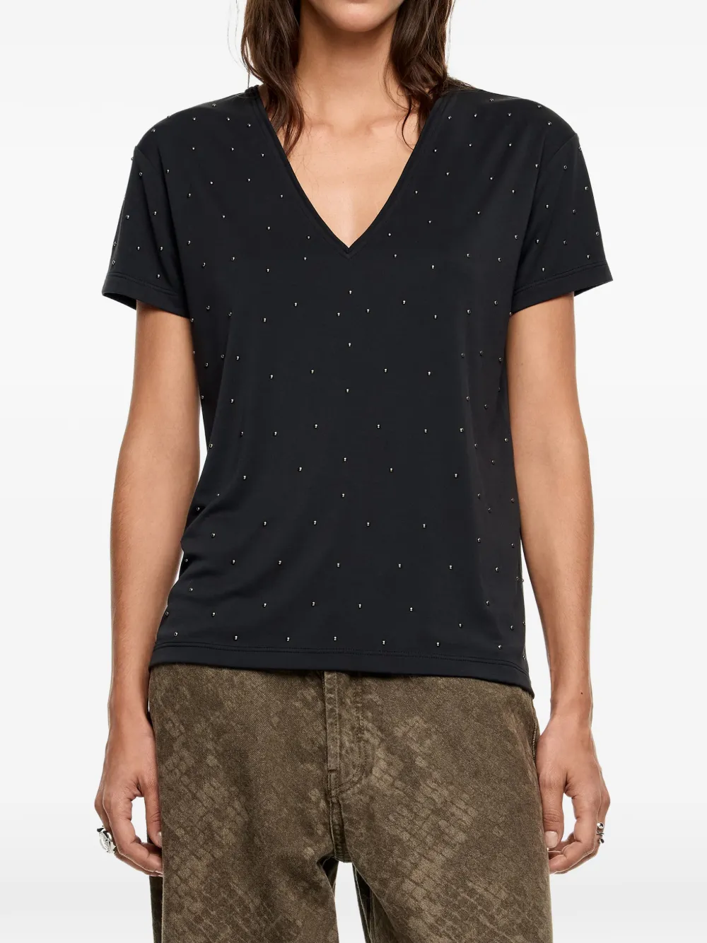 Bimba Y Lola V-neck Rhinestones T-shirt In Black