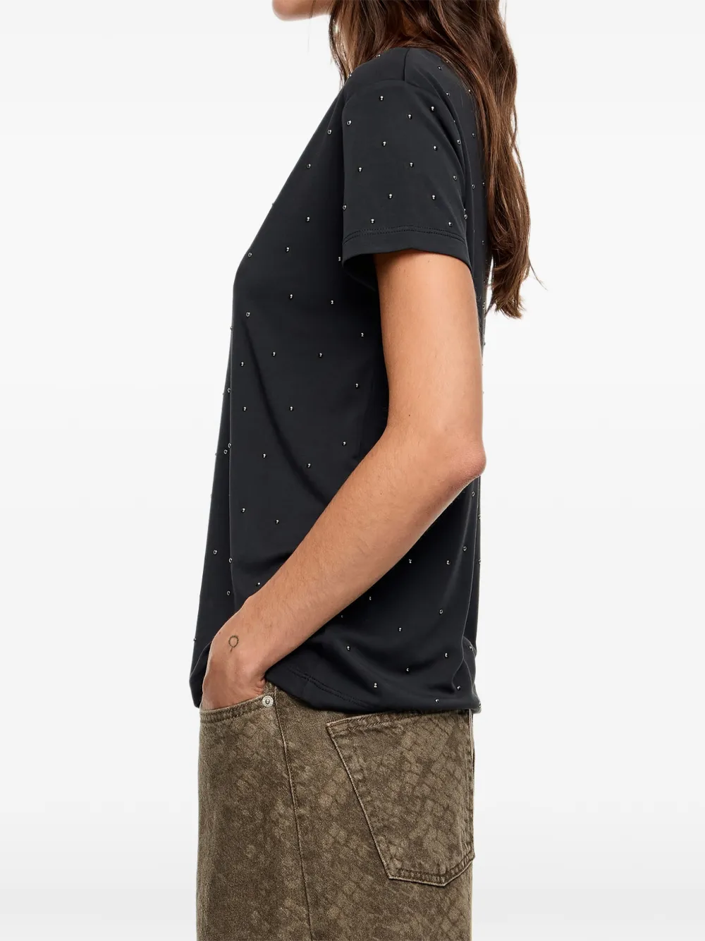 Bimba Y Lola V-neck Rhinestones T-shirt In Black