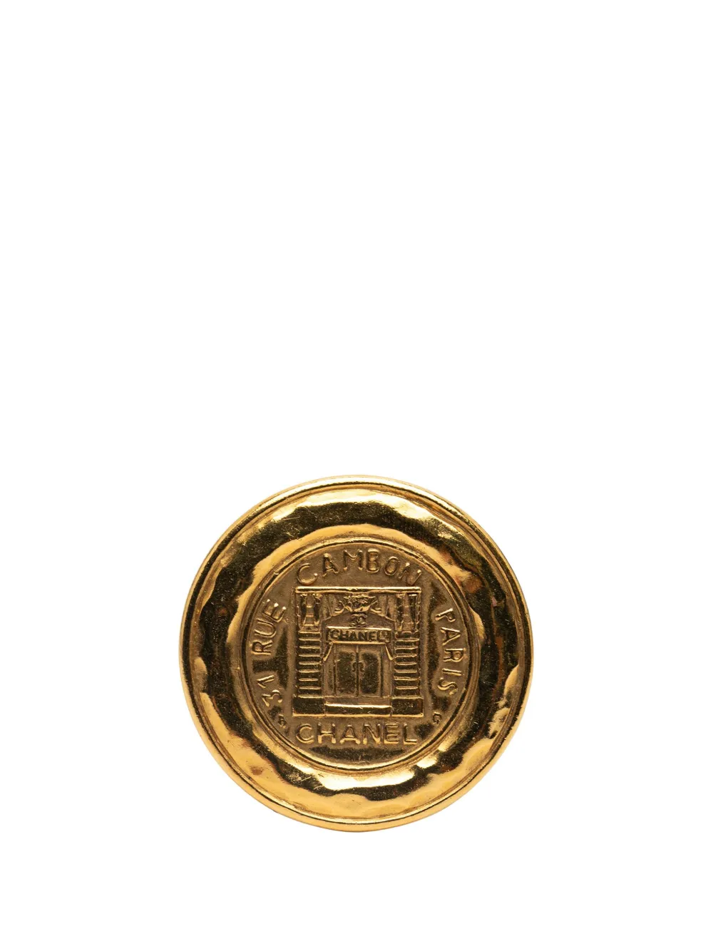 Pre-owned Chanel 1970-1980 Gold Plated 31 Rue Cambon Round Vintage Pin Brooch Costume Brooch