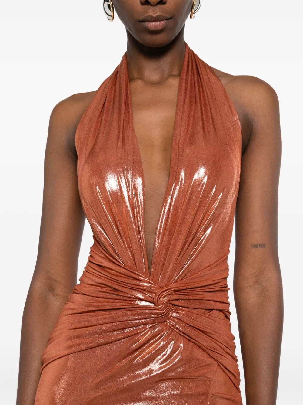 CRISTALLINI Cyra maxi-jurk met halternek met geknoopt detail Oranje