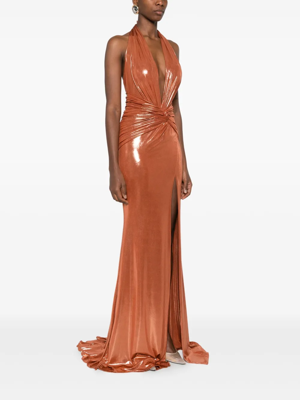 CRISTALLINI Cyra maxi-jurk met halternek met geknoopt detail Oranje