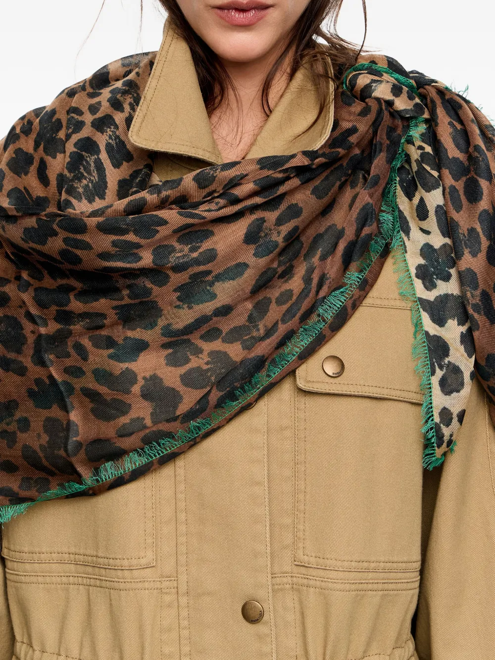 Bimba Y Lola Animal-print Fringed Scarf In Brown