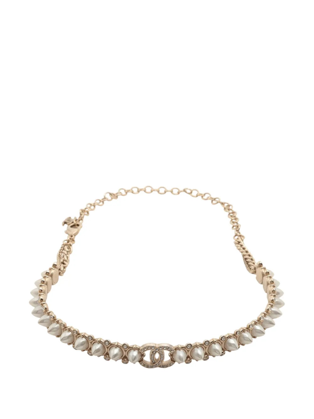 Pre-owned Chanel 2022 Cc Gold Plated Strass Crystal Studded Faux Pearl Chain Choker Necklace Costume Necklace In White