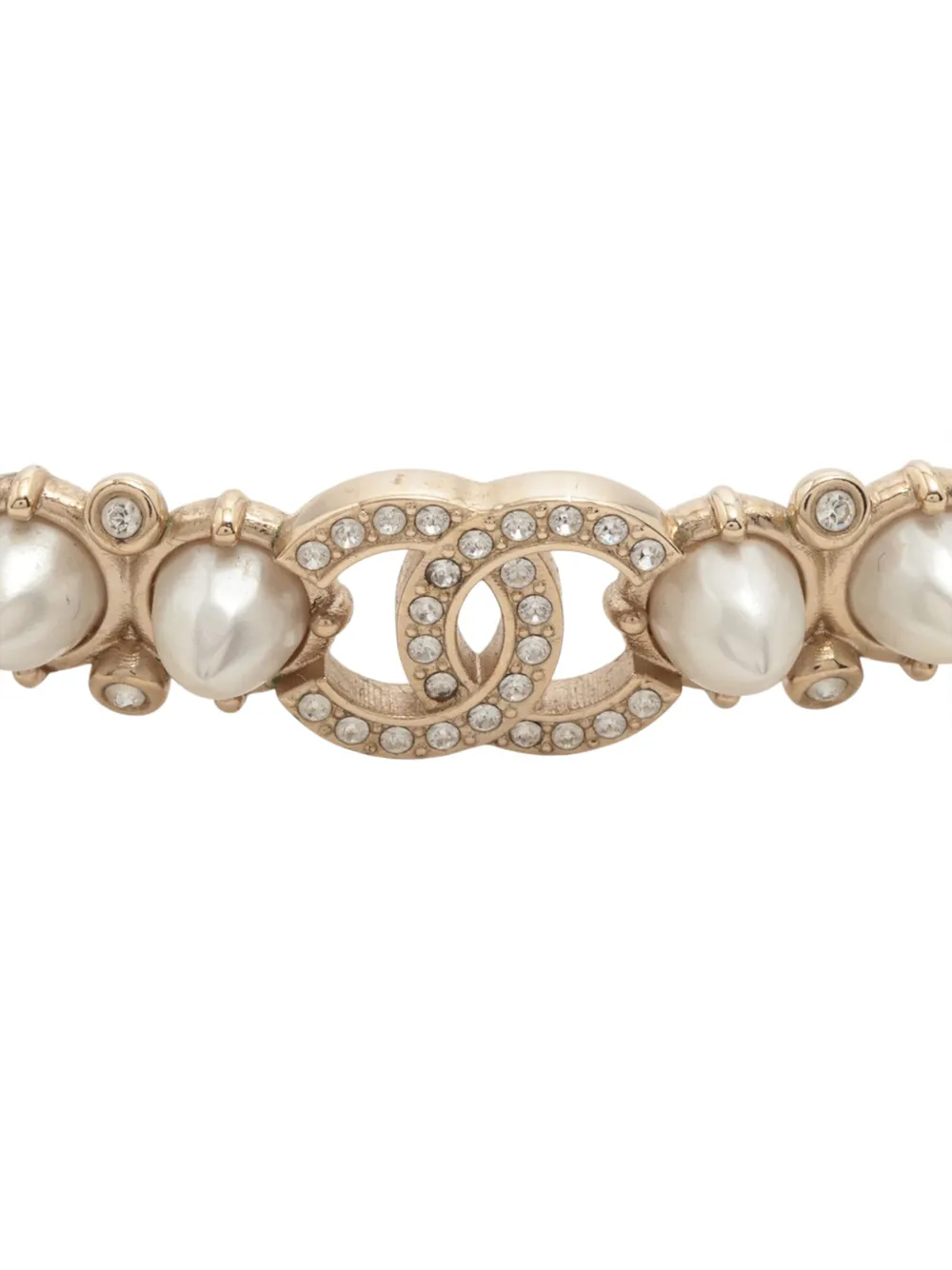Pre-owned Chanel 2022 Cc Gold Plated Strass Crystal Studded Faux Pearl Chain Choker Necklace Costume Necklace In White