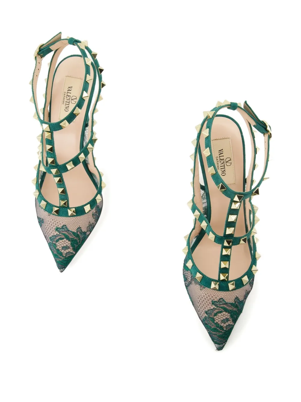 Valentino Garavani 100 mm Rockstud pumps met kant Groen