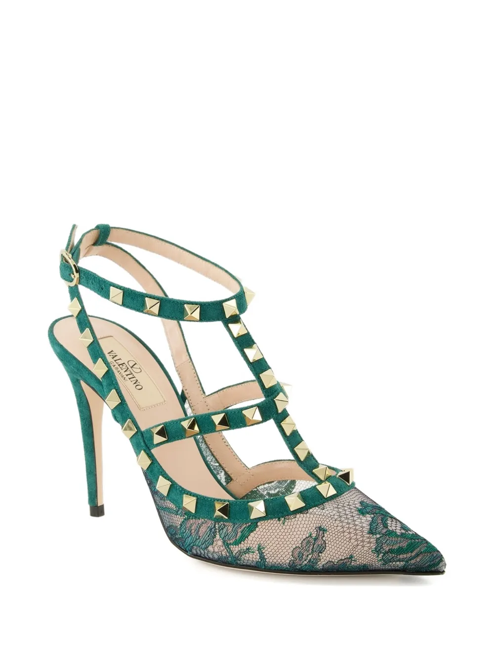 Valentino Garavani 100 mm Rockstud pumps met kant Groen