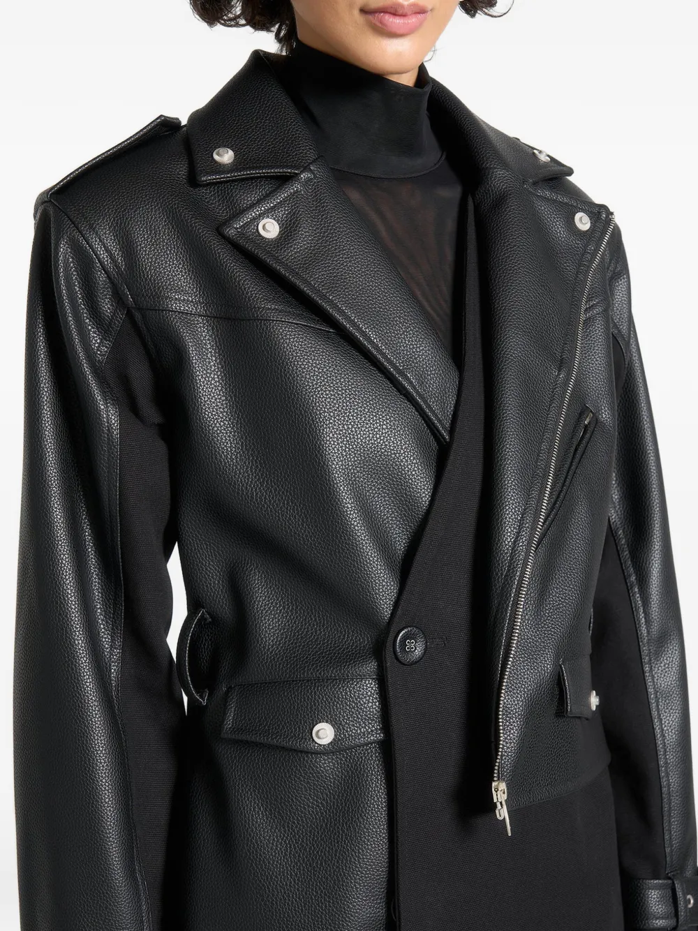 Aylee Faux-Leather Black Biker Trench Coat