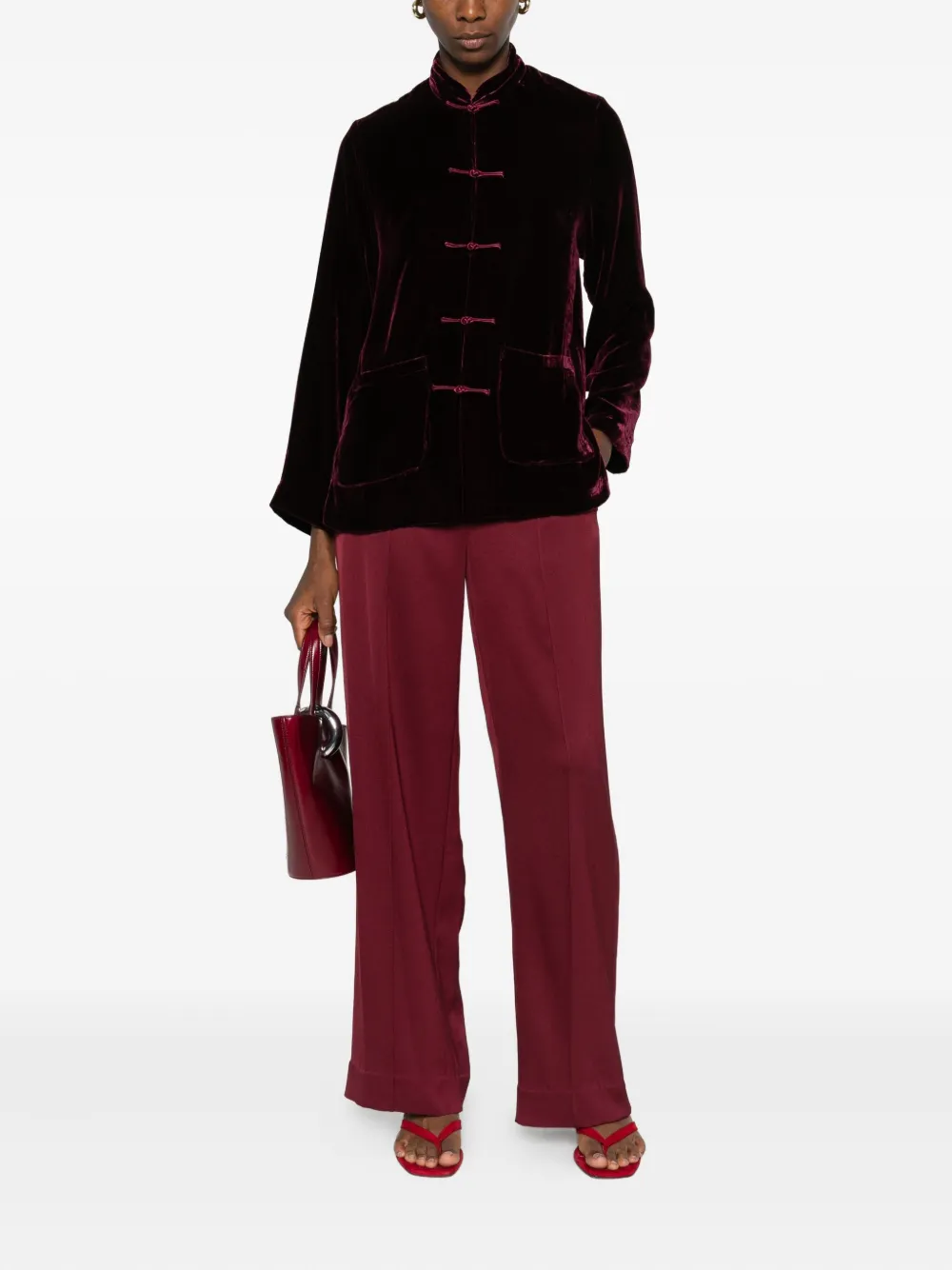 Yali Forg-fastening Velvet Blazer In Burgundy