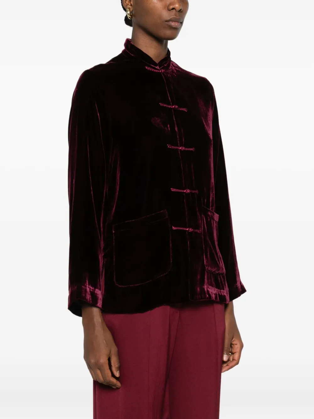 Yali Forg-fastening Velvet Blazer In Burgundy