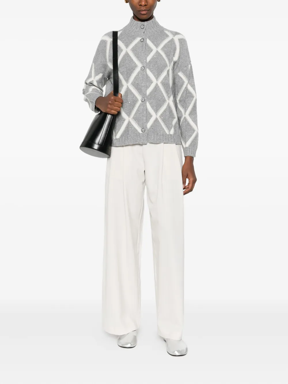 Gran Sasso Diamond-pattern Button-fastening Cardigan In Gray