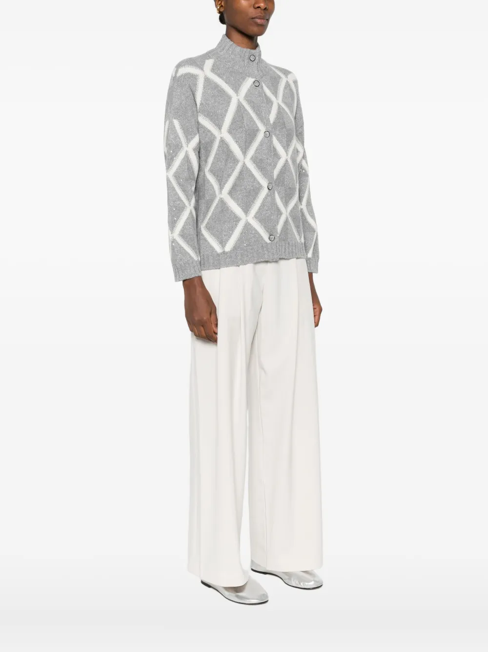 Gran Sasso Diamond-pattern Button-fastening Cardigan In Gray