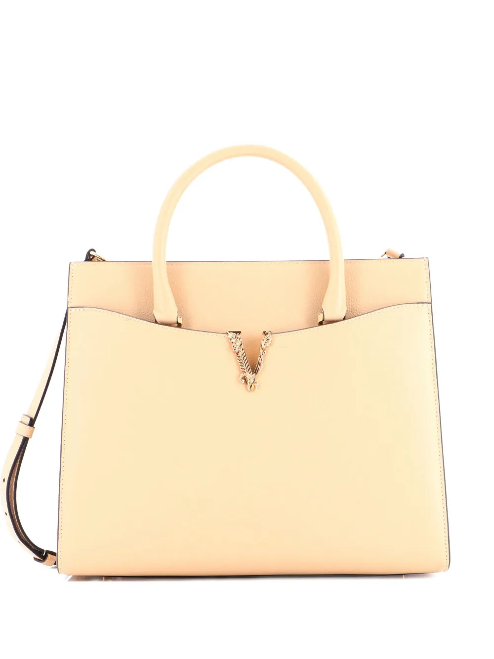 Pre-owned Versace 2021-2025 Virtus Front Pocket Leather Large Tote Bag In Neutral