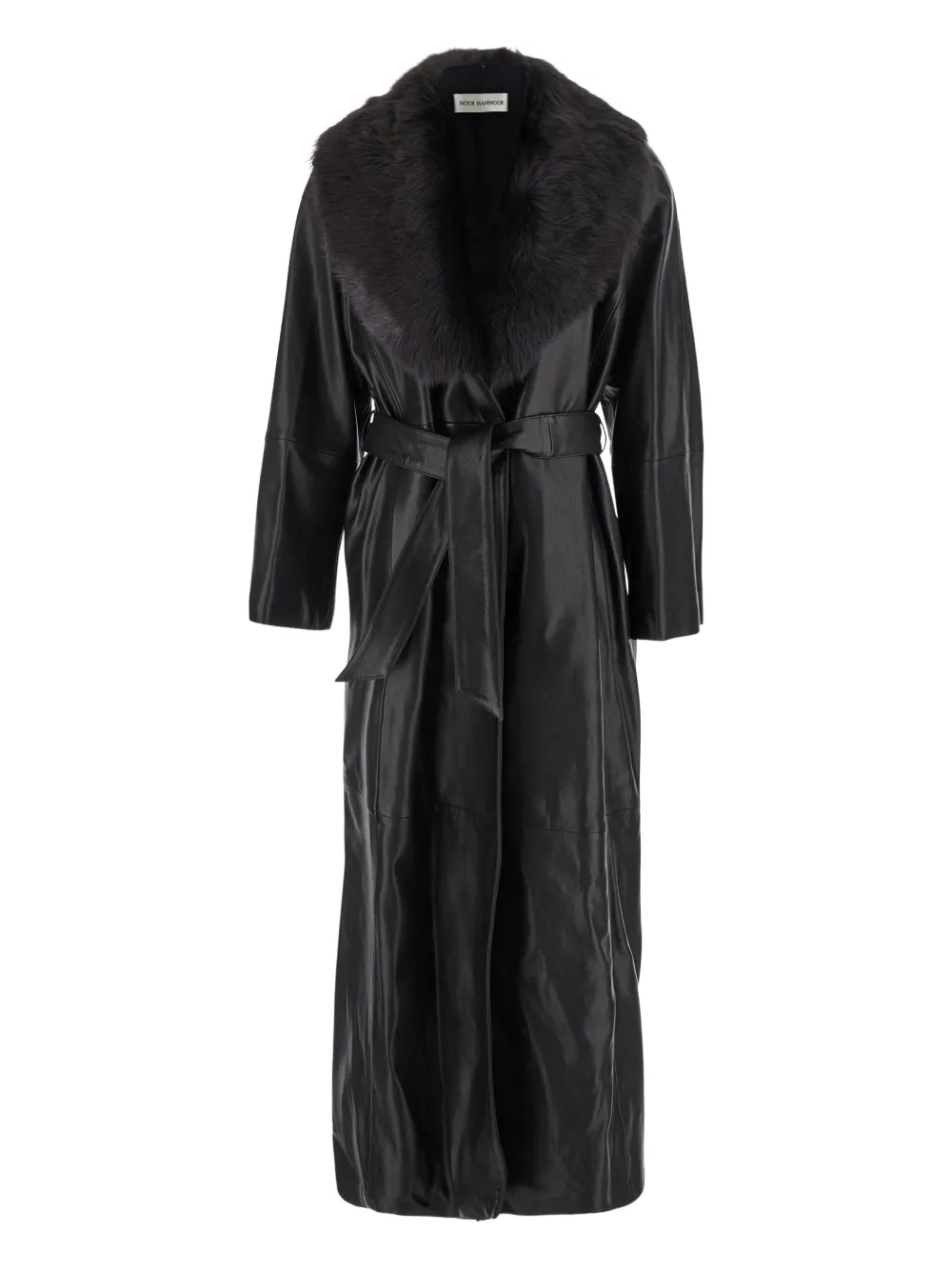 Nour Hammour Leren jas met ceintuur en revers van imitatiebont Zwart