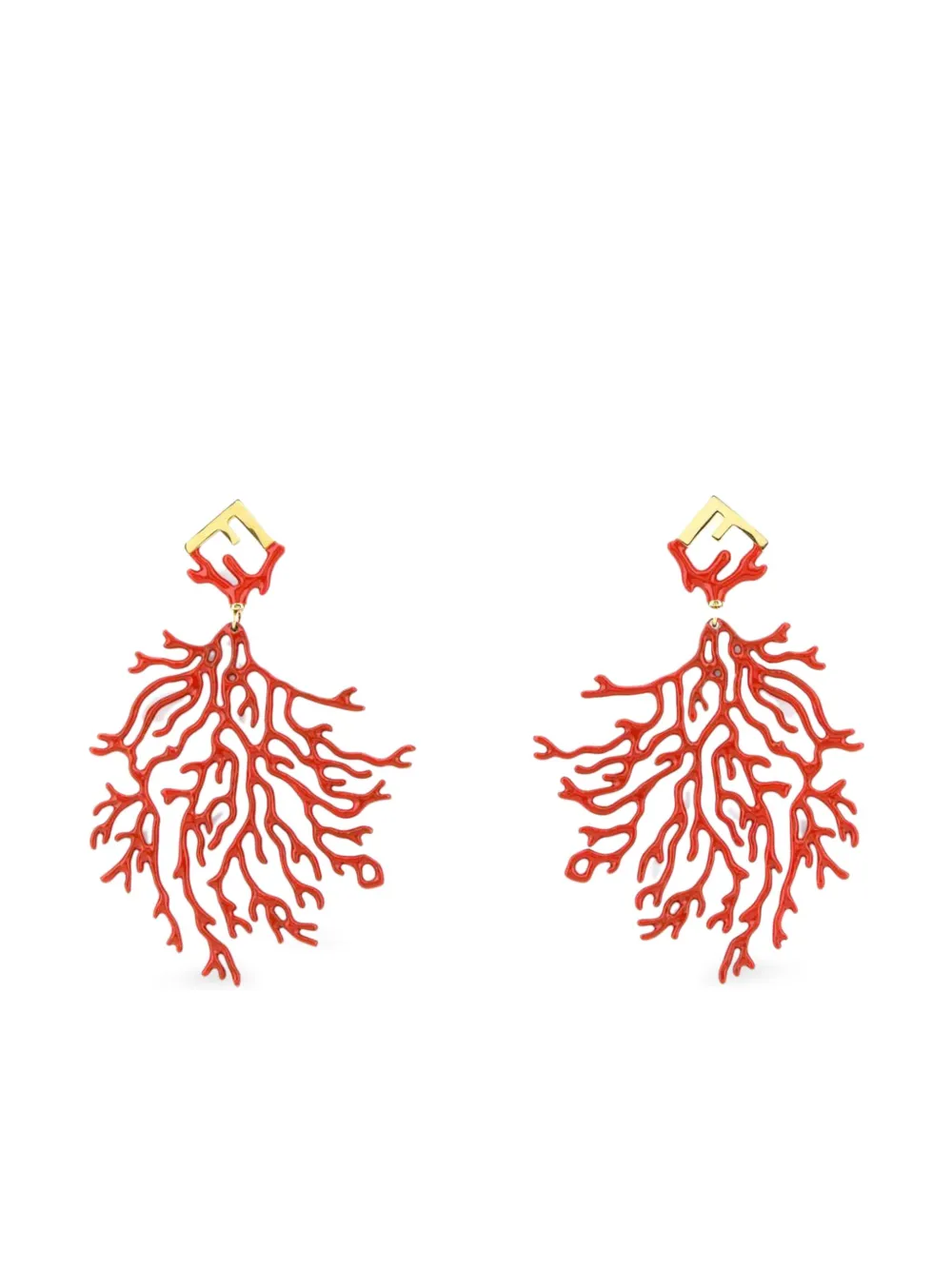 Fendi Metal Drop Earrings With Coral Motif In Red