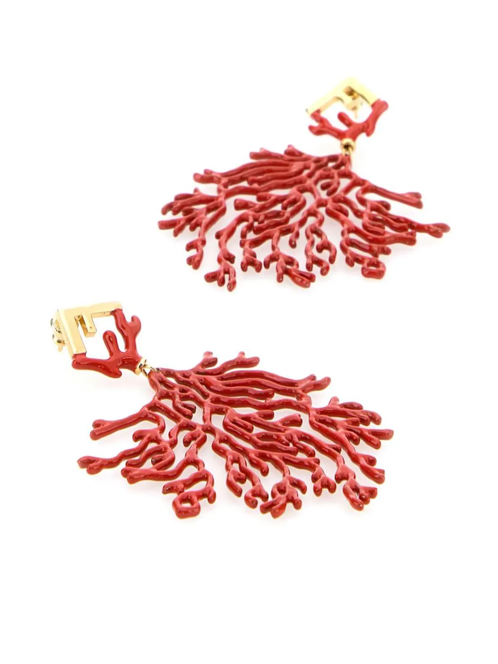 Fendi Metal Drop Earrings With Coral Motif In Red