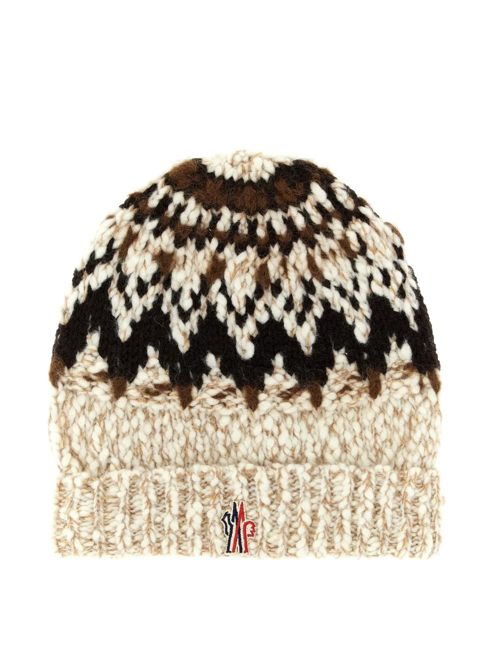 Moncler Beige Brown Geometric Pattern Beanie Hat In Multi