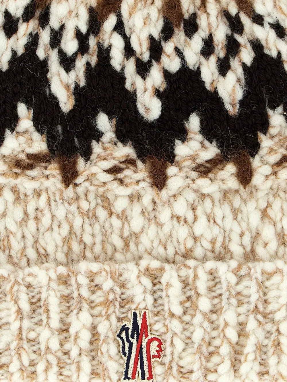 Moncler Beige Brown Geometric Pattern Beanie Hat In Multi