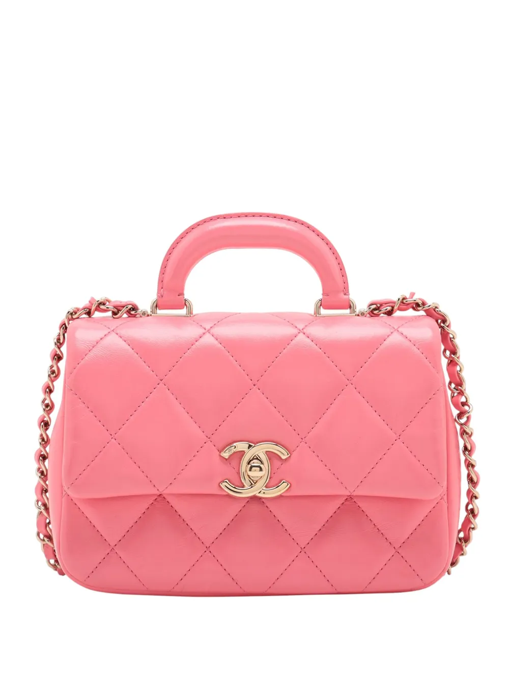 Pre-owned Chanel 2021-2025 Mini Quilted Shiny Lambskin Coco Trip Flap Satchel In Pink
