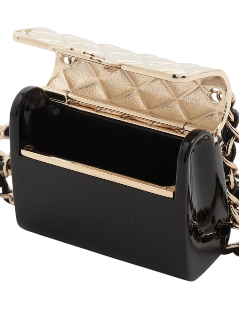 Pre-owned Chanel 2022 Gold Plated And Resin Cc Quilted Flap Bag Pendant Necklace Costume Necklace In Black
