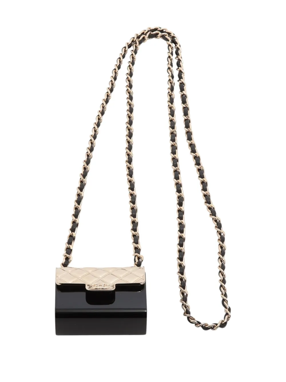 Pre-owned Chanel 2022 Gold Plated And Resin Cc Quilted Flap Bag Pendant Necklace Costume Necklace In Black