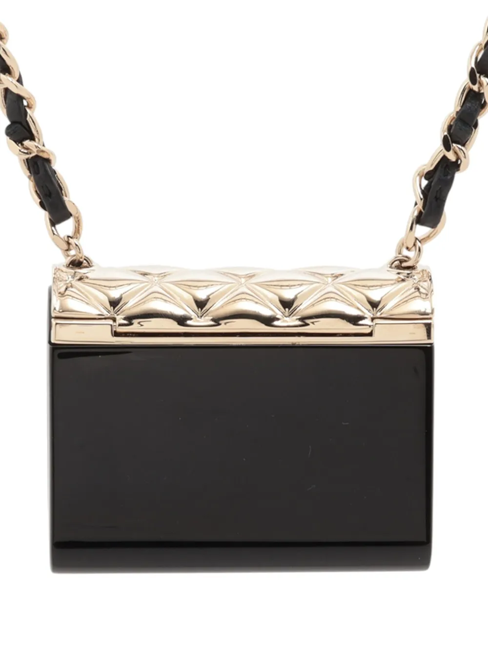 Pre-owned Chanel 2022 Gold Plated And Resin Cc Quilted Flap Bag Pendant Necklace Costume Necklace In Black