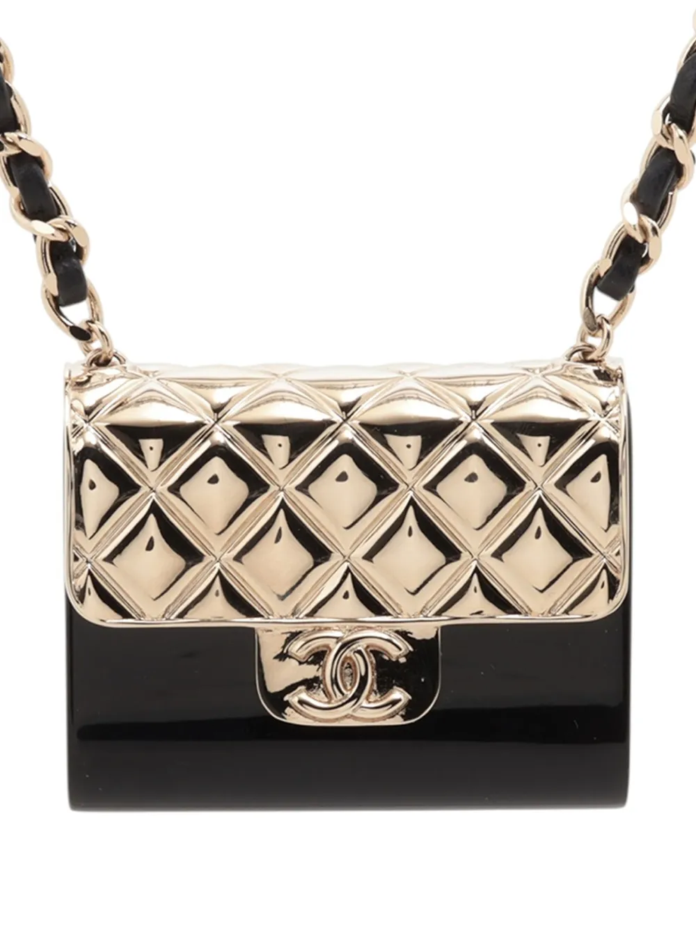 Pre-owned Chanel 2022 Gold Plated And Resin Cc Quilted Flap Bag Pendant Necklace Costume Necklace In Black