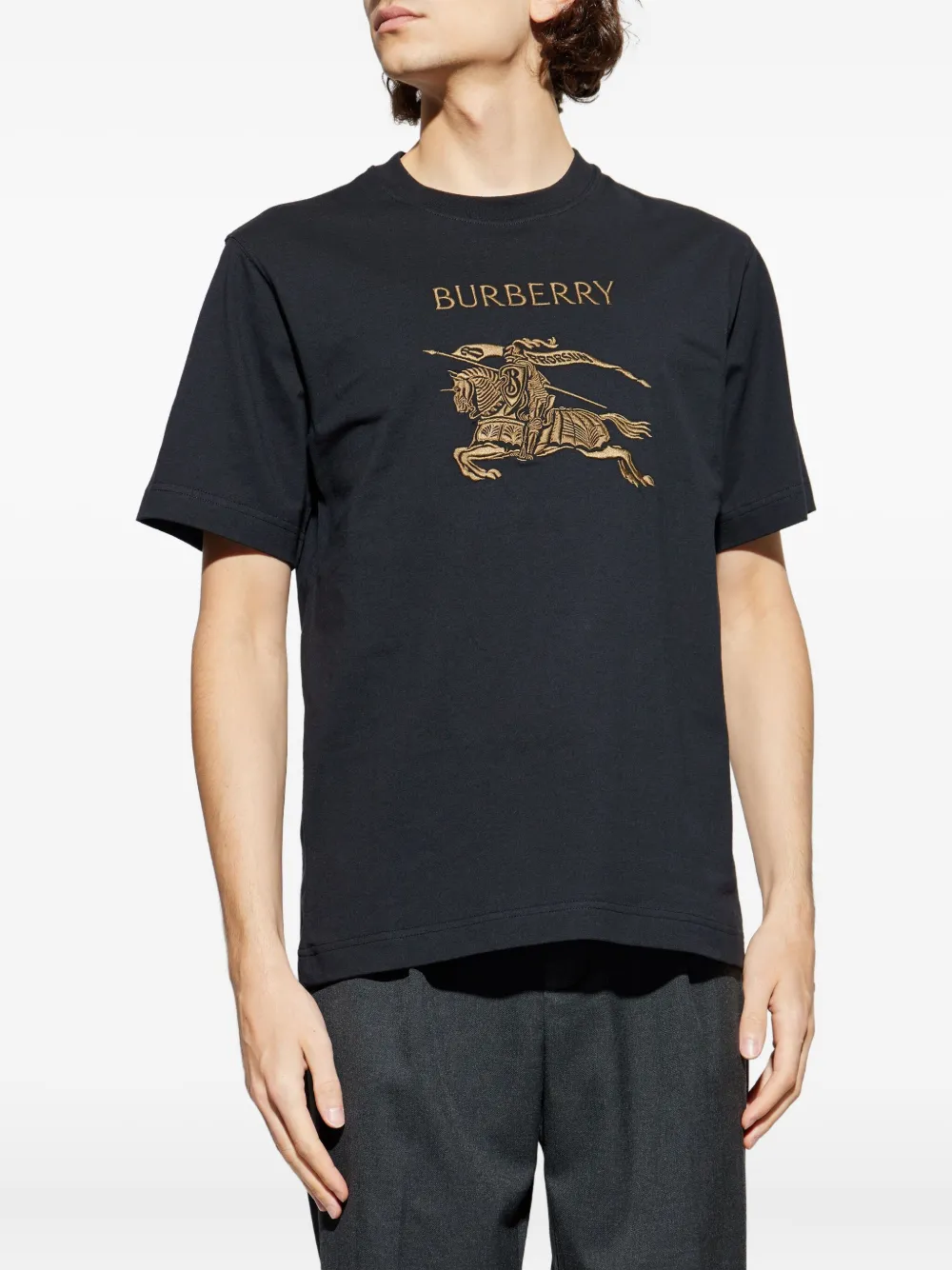 Burberry Men Black Crewneck T-shirt With Ekd And Logo Lettering Embroidery On The Front In Cotton Ma In Black