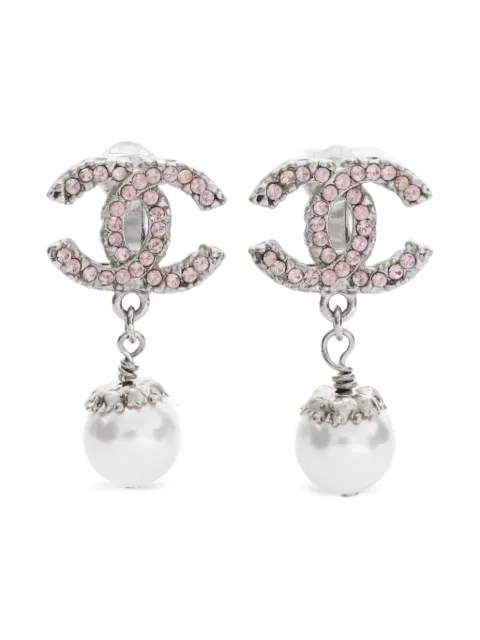 CHANEL Pre-Owned signature interlocking CC logo faux pearls clip-on earrings