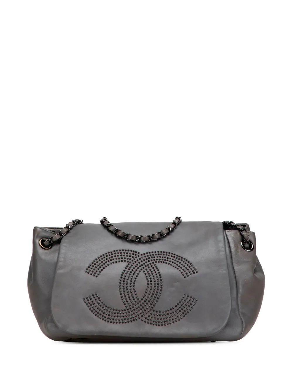 Pre-owned Chanel 2008-2009 Lambskin Studded Cc Accordion Flap Shoulder Bag In Gray