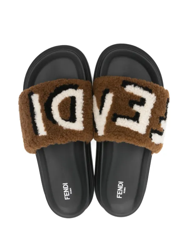 FENDI Shearling Slides | Brown | FARFETCH
