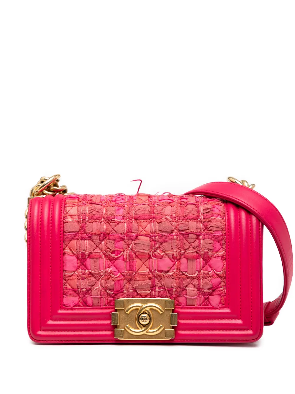 Pre-owned Chanel 2016-2017 Mini Tweed And Lambskin Boy Flap Crossbody Bag In Pink