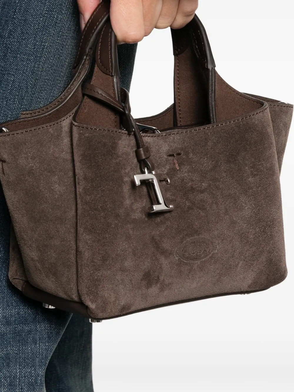 Tod's Suède mini-shopper met logobedel - Bruin