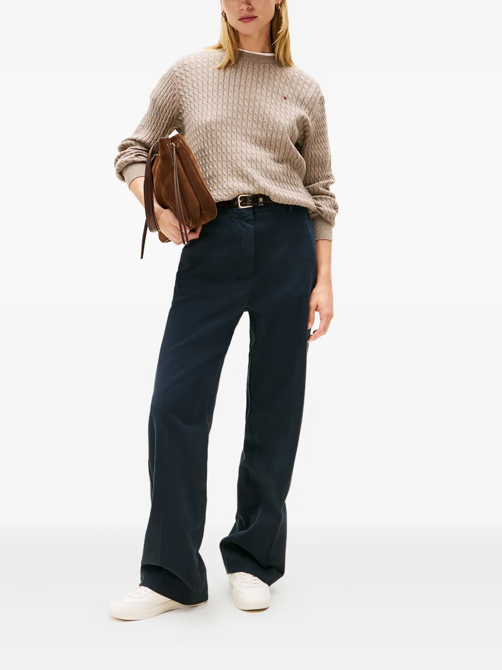 Tommy Hilfiger Cable Knit Cotton Sweater In Brown