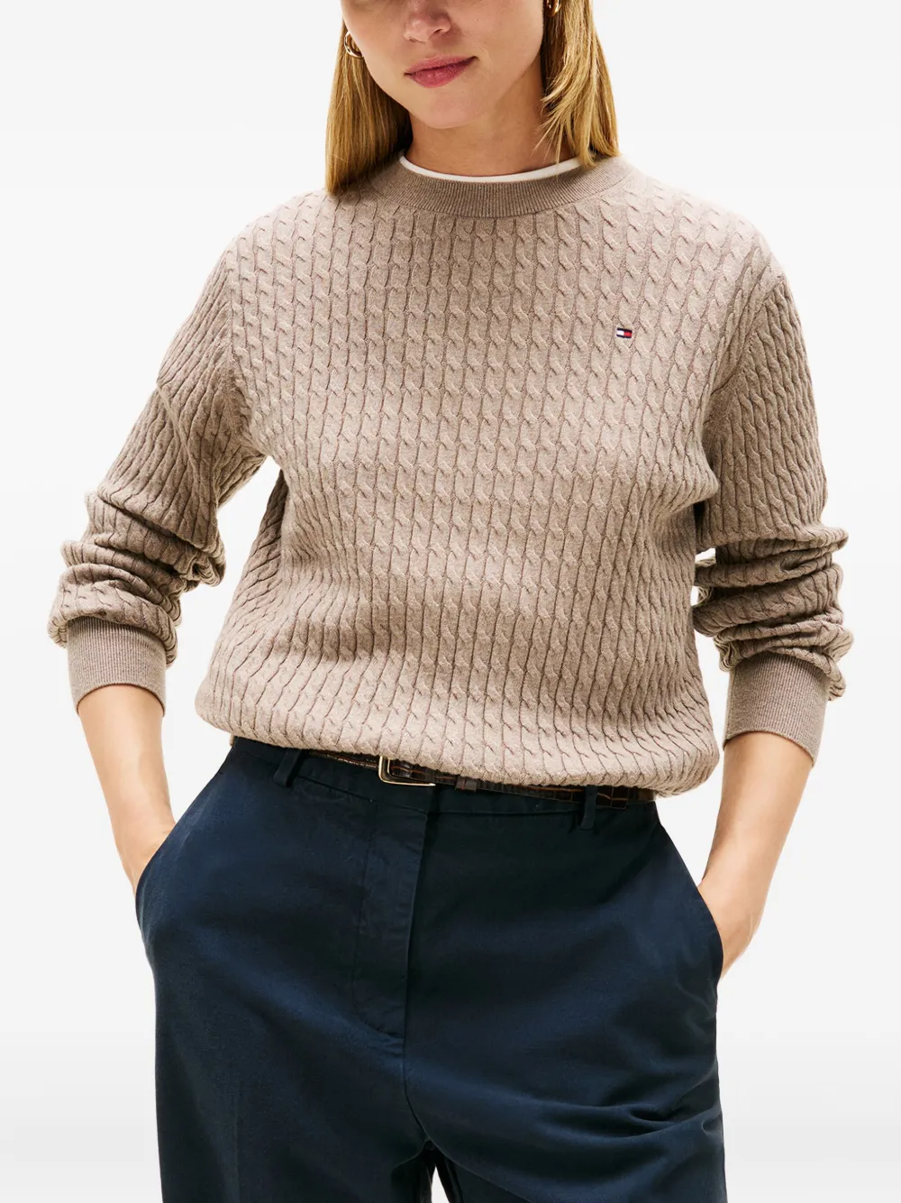 Tommy Hilfiger Cable Knit Cotton Sweater In Brown