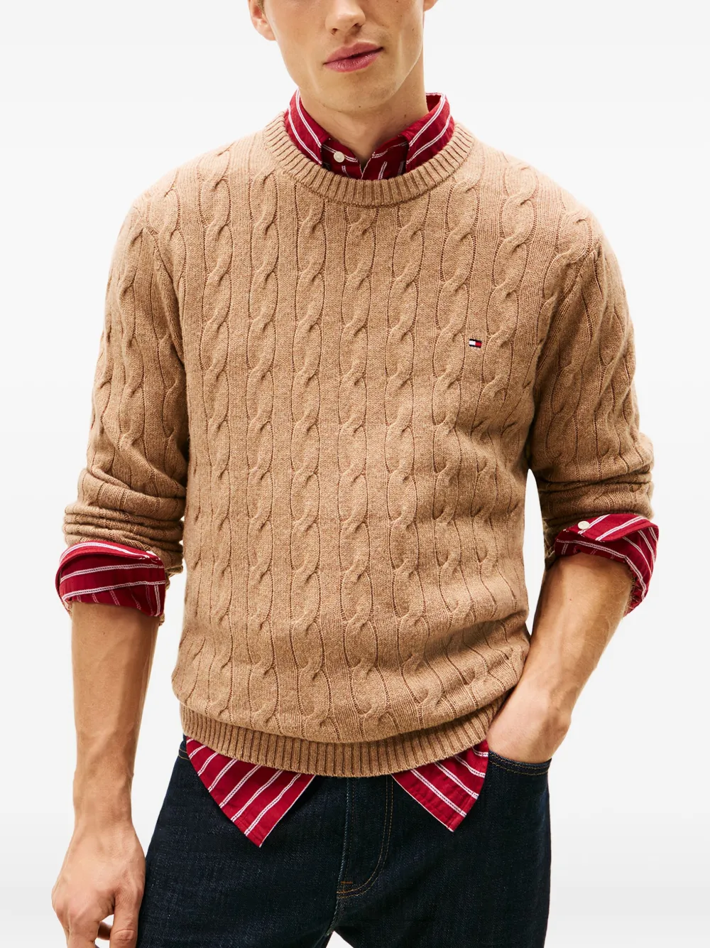 Tommy Hilfiger Cable-knit Logo-detail Pullover In Brown