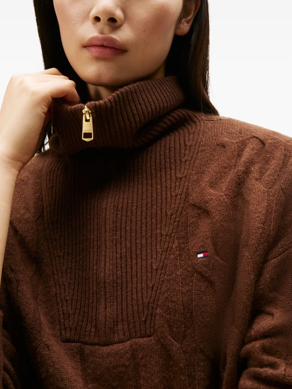 Tommy Hilfiger Kabelgebreide trui met halve rits Bruin