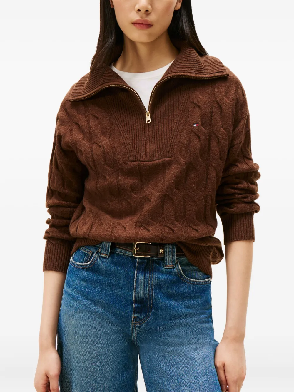 Tommy Hilfiger Kabelgebreide trui met halve rits Bruin