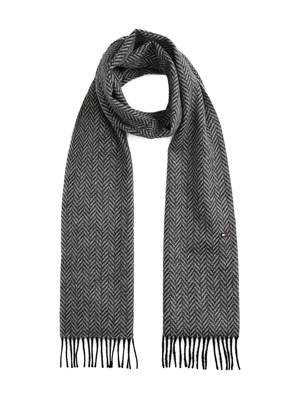 Tommy Hilfiger Herringbone-pattern Fringed Scarf In Gray