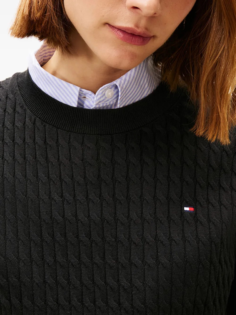 Tommy Hilfiger Cable-knit Crew-neck Sweater In Black