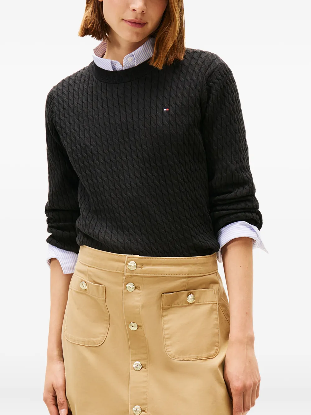 Tommy Hilfiger Cable-knit Crew-neck Sweater In Black