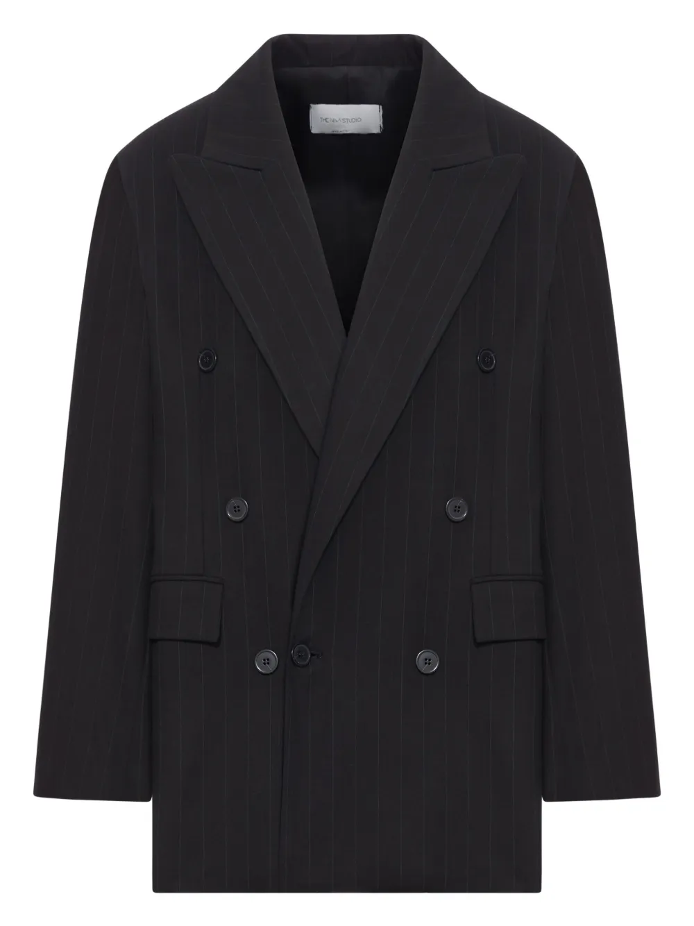 The Nina Studio Double-breasted Pinstripe Blazer In Black