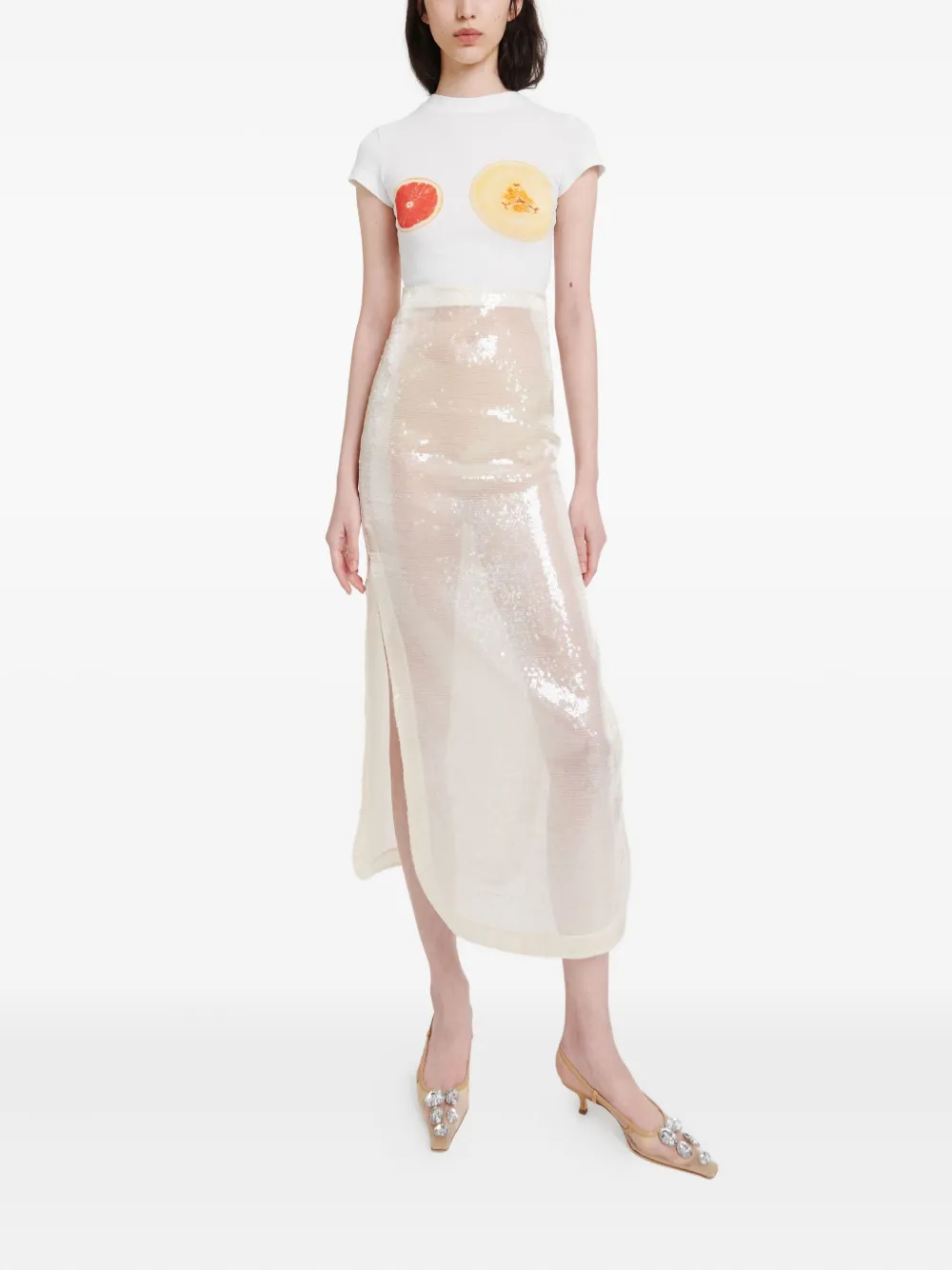 A.W.A.K.E. Mode Rok met spiegelend effect en split - Beige