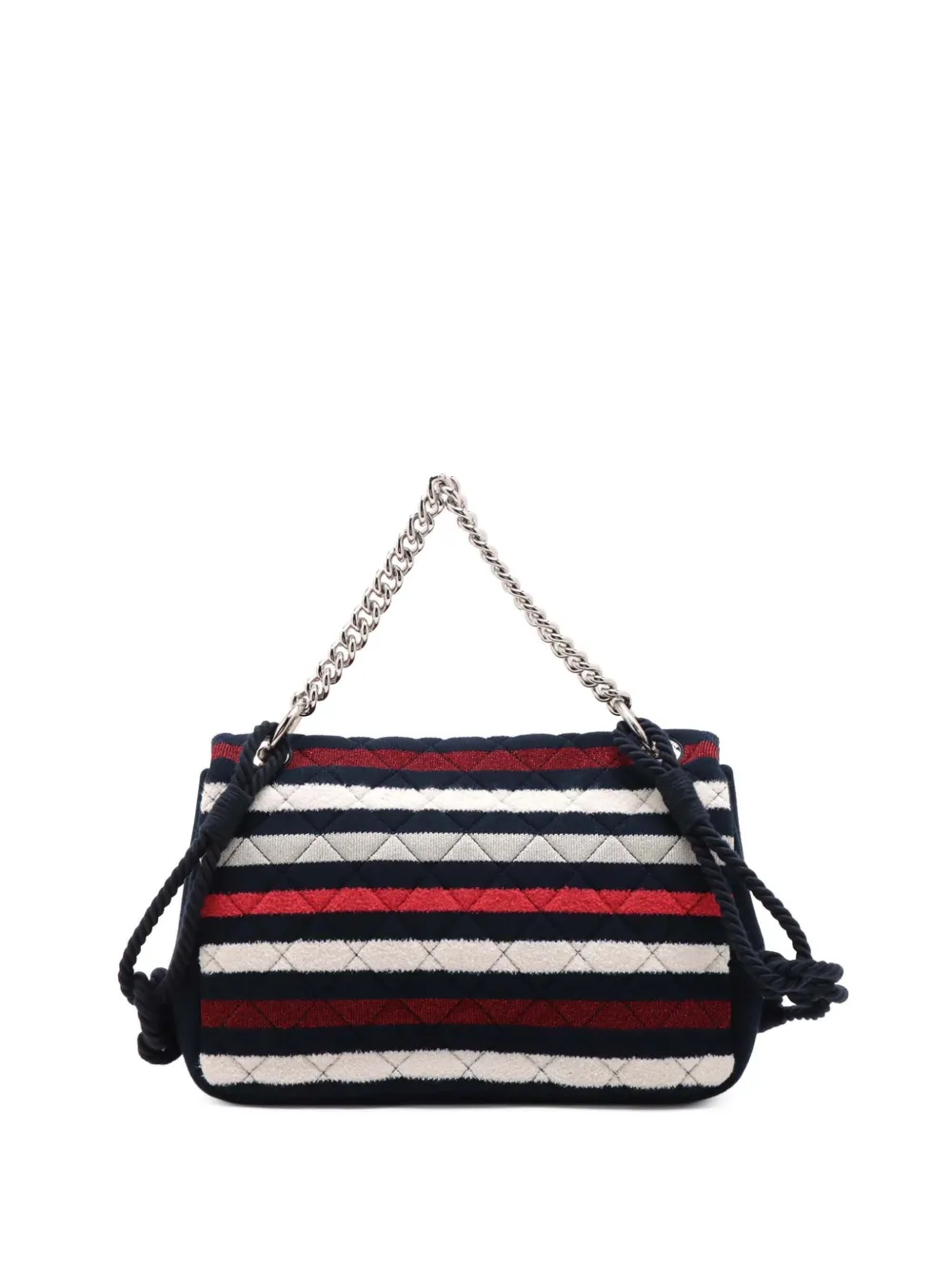 Pre-owned Chanel 2019 Jumbo Stripe Jersey Felt And Rope Flap Satchel In Blue