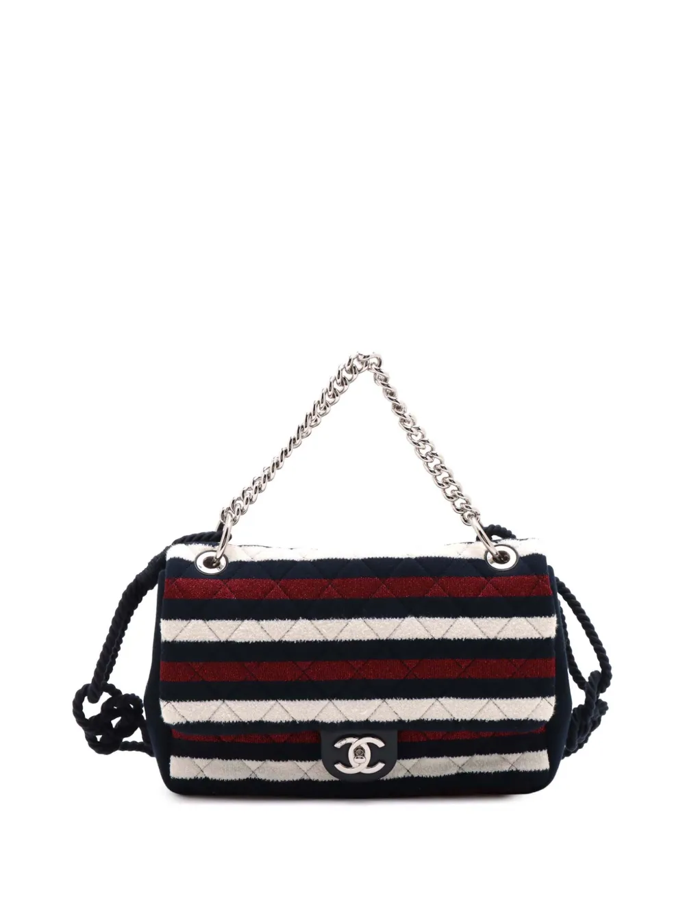 Pre-owned Chanel 2019 Jumbo Stripe Jersey Felt And Rope Flap Satchel In Blue