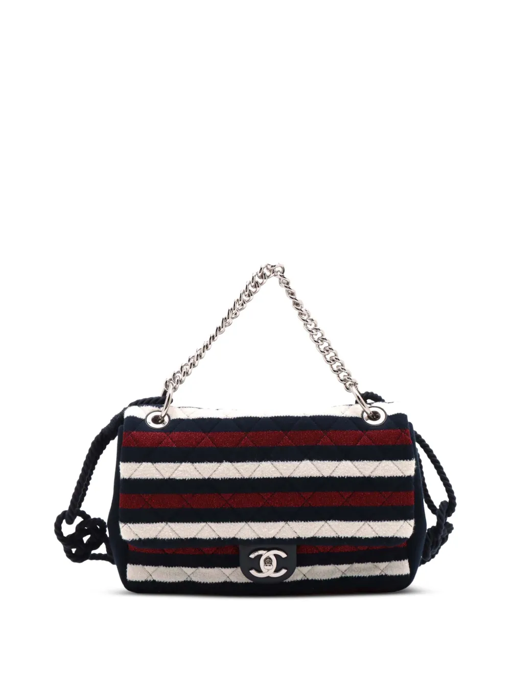 CHANEL Pre-Owned 2019 ジャンボ ストライプ ジャージー フラップ サッチェルバッグ - ブルー