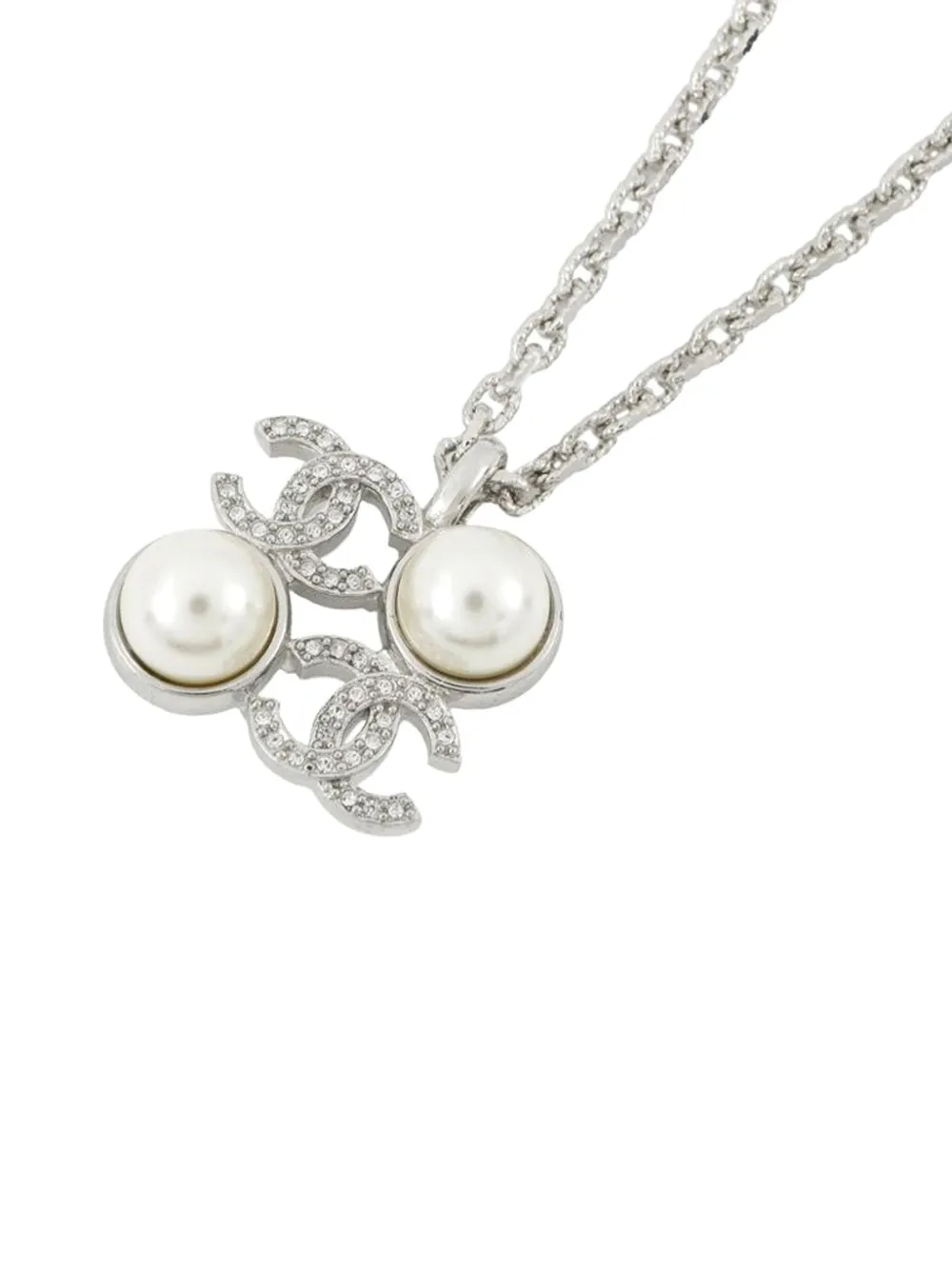 Pre-owned Chanel 2025 Silver Plated Cc Faux Pearl Rhinestone Pendant Necklace Costume Necklace