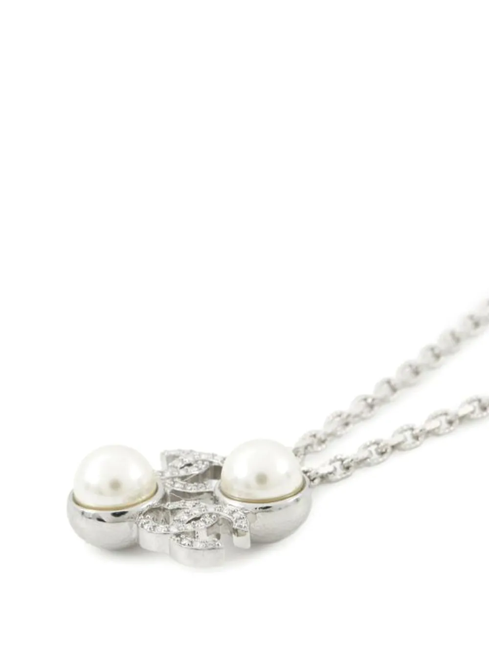Pre-owned Chanel 2025 Silver Plated Cc Faux Pearl Rhinestone Pendant Necklace Costume Necklace