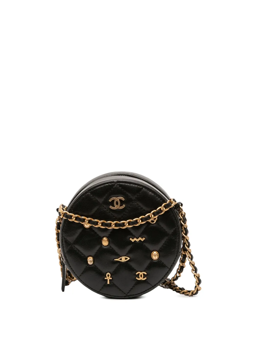 CHANEL Pre-Owned 2019 マトラッセ ラムスキン エジプシャン アミュレット チャーム ラウンド クラッチウィズチェーン CHANEL Pre-Owned 2019 マトラッセ ラムスキン エジプシャン アミュレット チャーム ラウンド クラッチウィズチェーン