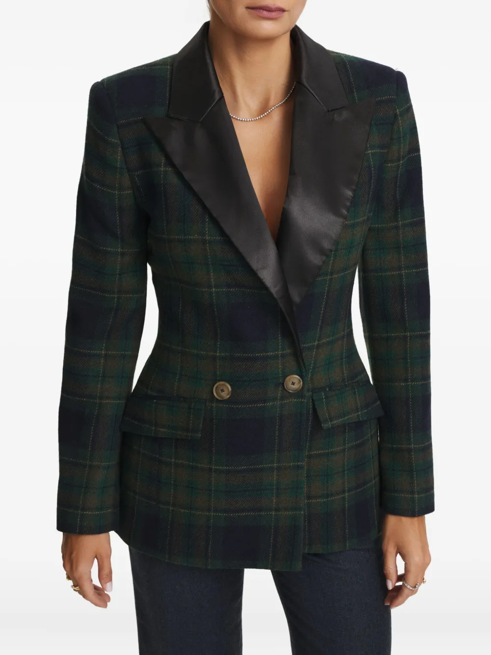 Cuanna Midi Double-breasted Plaid-pattern Blazer In Black